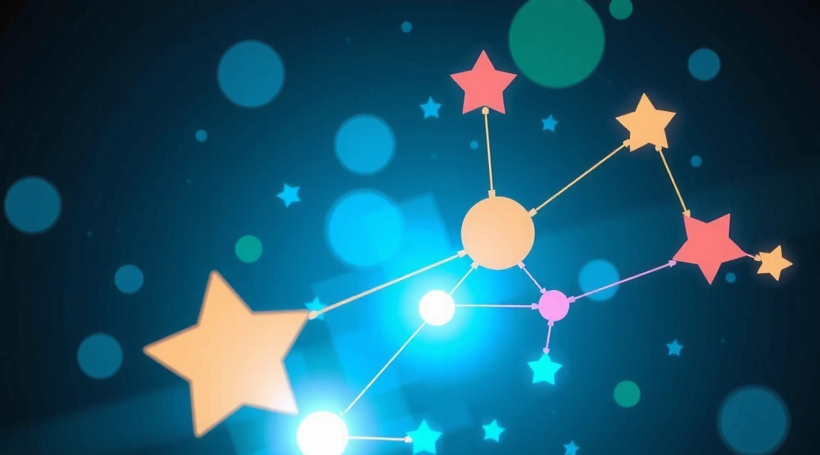 Ilustrație abstractă de cunoaștere și învățare digitală, cu elemente grafice luminoase și conectate