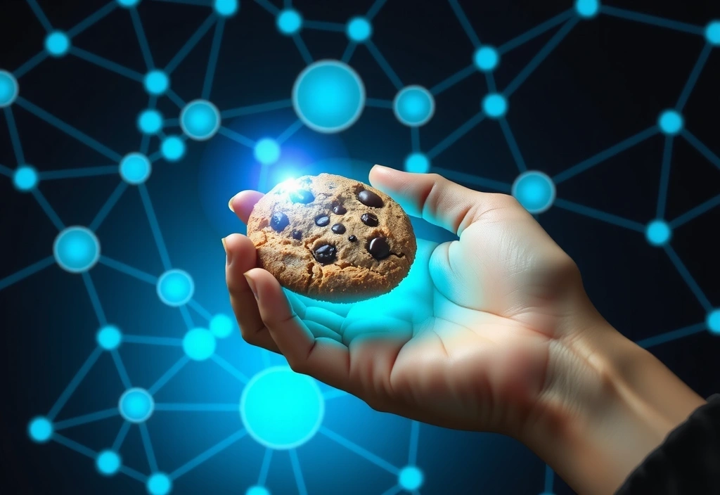 Ilustrație cu o mână care ține un cookie digital, simbolizând politica de cookie-uri
