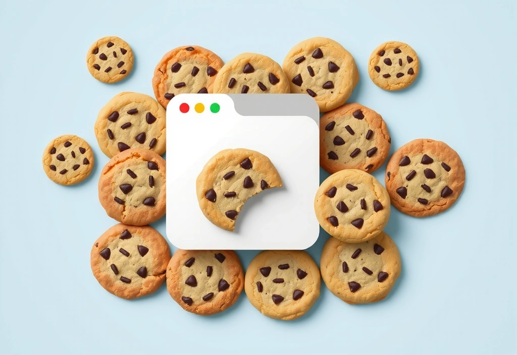 Ilustrație cu diverse tipuri de cookie-uri digitale plutind în jurul unui browser web