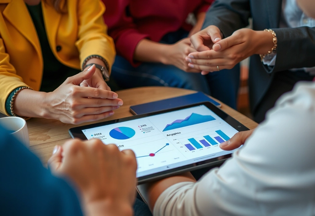 Oameni colaborând la un proiect digital