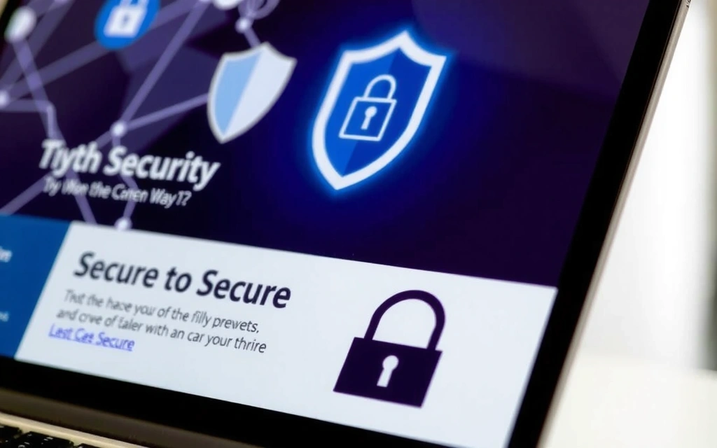 Laptop deschis pe care se vede o pagină web, cu simboluri de securitate cibernetică în fundal