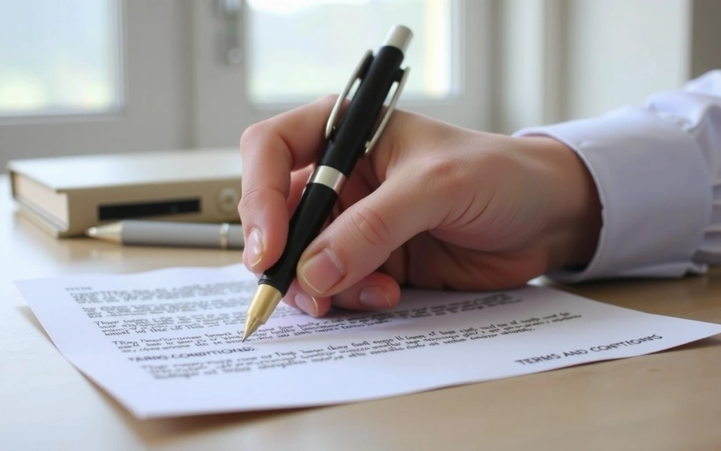 Mână care semnează un contract, simbolizând acordul cu termenii și condițiile